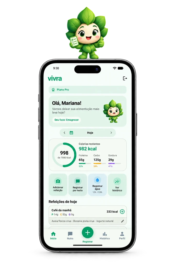 Tela inicial real do VIVRA com a Nutra, calorias restantes, macros, água e refeições do dia